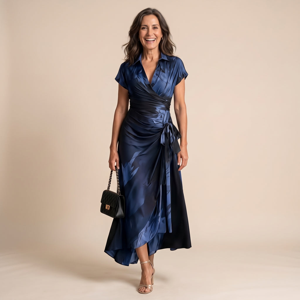 Vestido maxi envolvente azul con estampado acuarela, escote cruzado y falda asimétrica