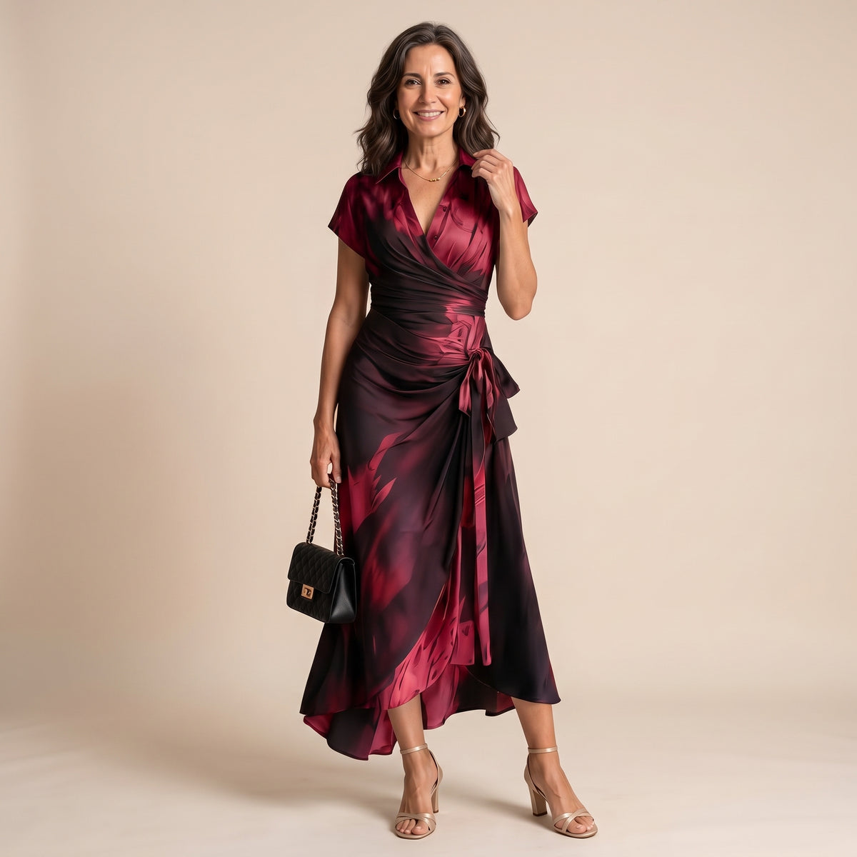 Vestido maxi envolvente rojo burdeos con estampado, escote cruzado y nudo lateral
