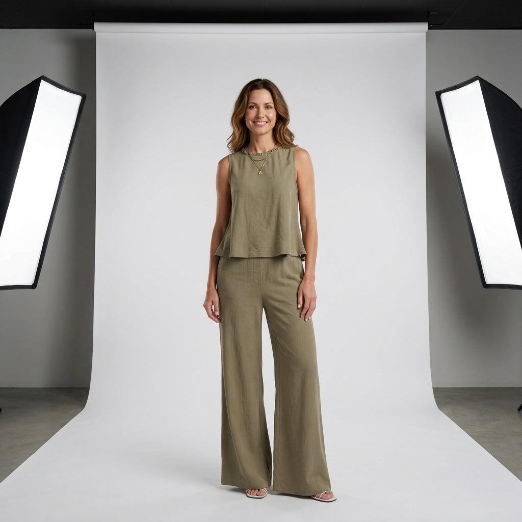 Conjunto de lino beige: top sin mangas con volante y pantalón palazzo de pernera ancha