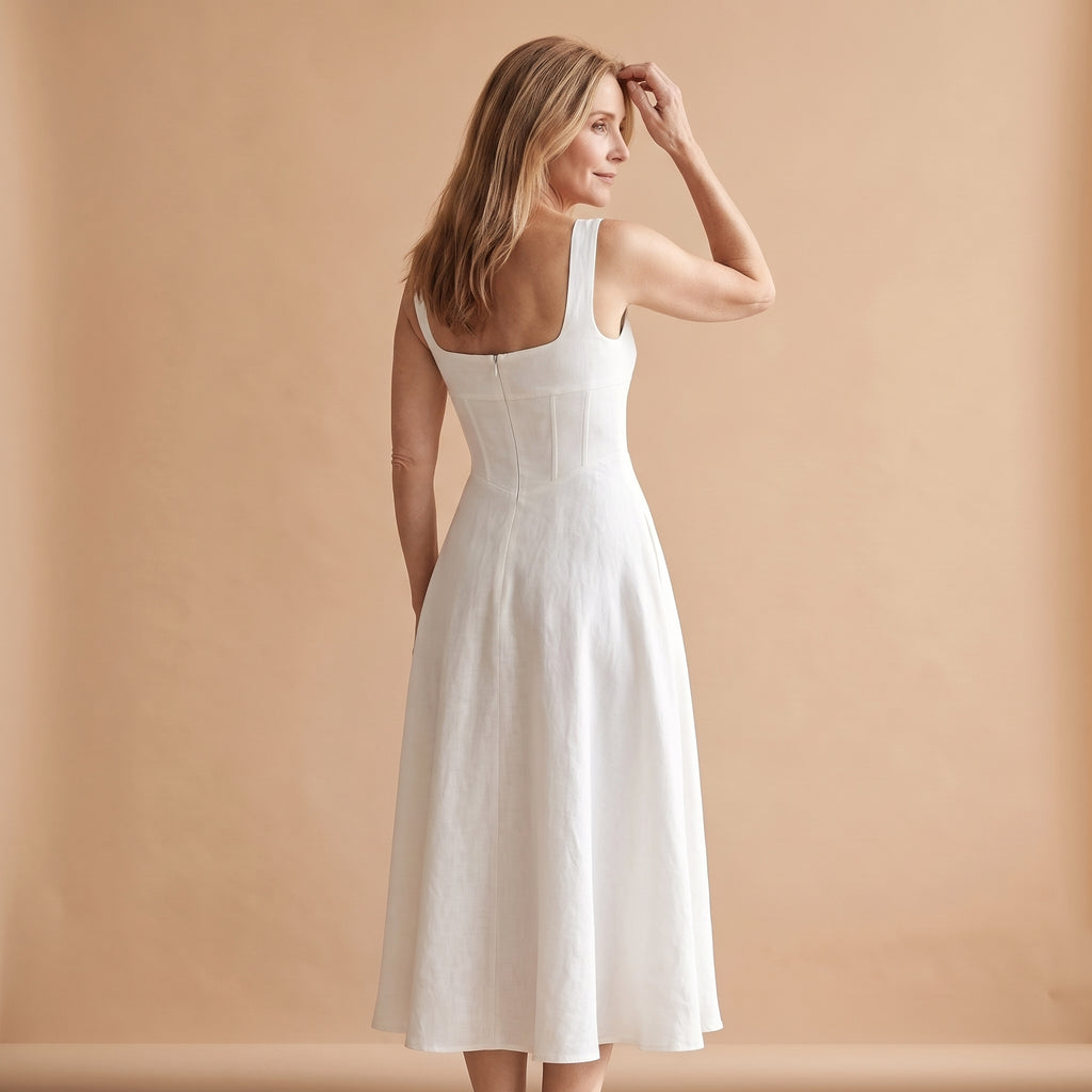 Vestido midi blanco con tirantes cuadrados y falda acampanada