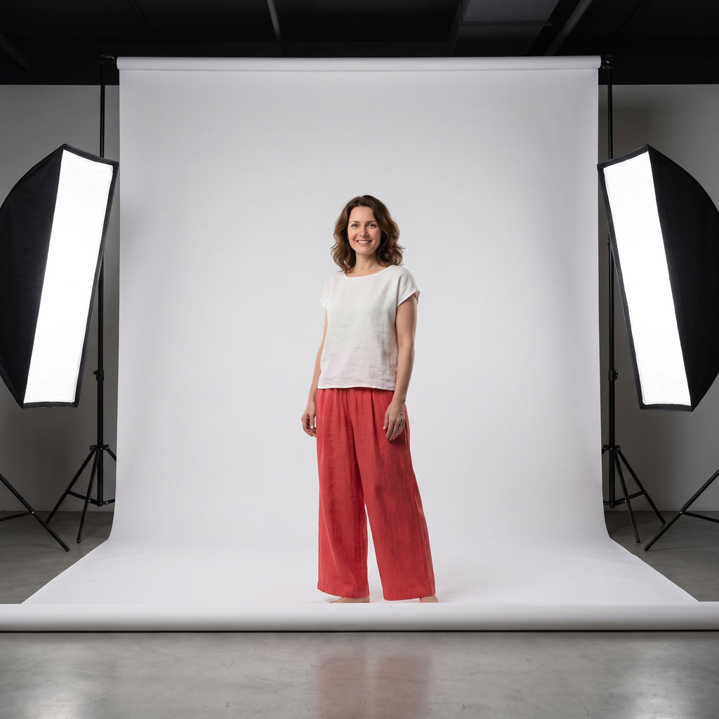 Pantalón relajado rojo teja de lino y algodón, cintura elástica y pernera ancha