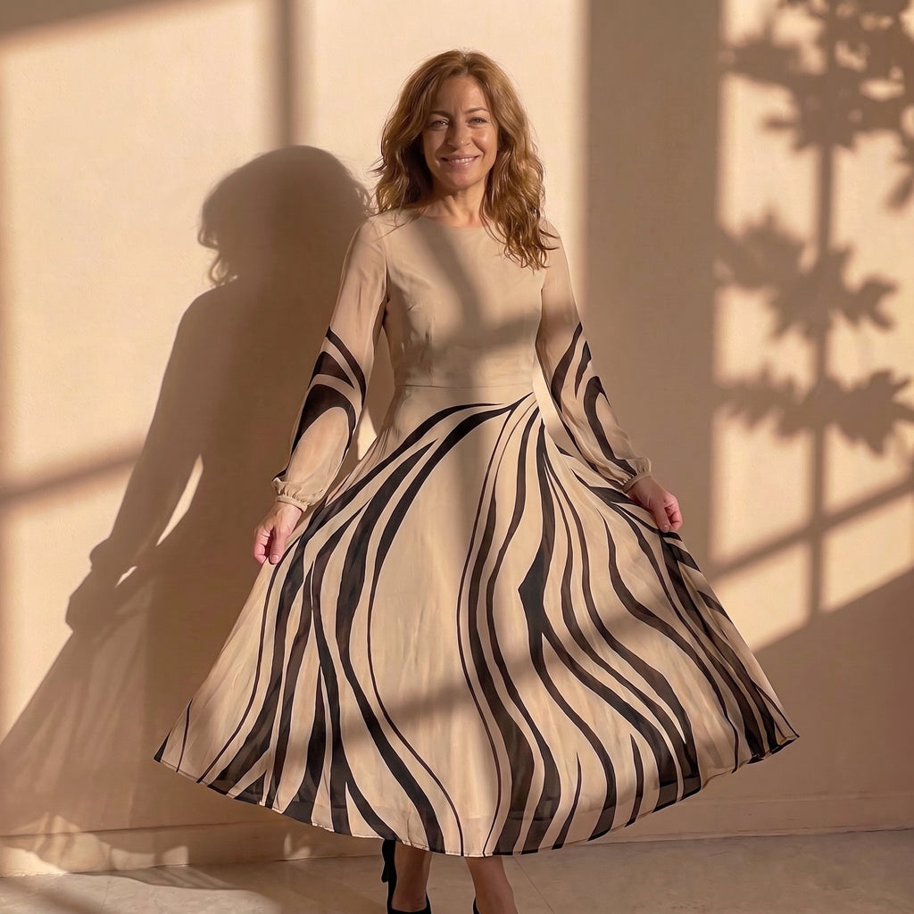 Vestido midi fluido beige con rayas negras, manga larga y falda acampanada.