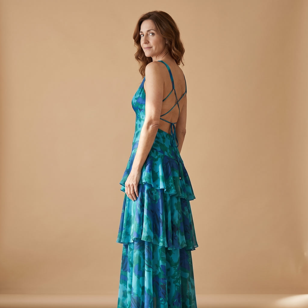 Vestido Étoile Lisa verde/azul turquesa con estampado floral y falda escalonada de volantes