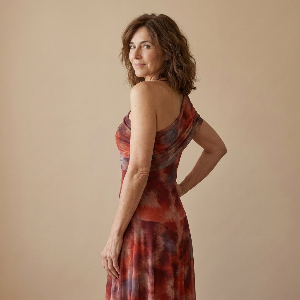 Vestido midi estampado acuarela bicolor, espalda con tirante ancho y corte entallado.