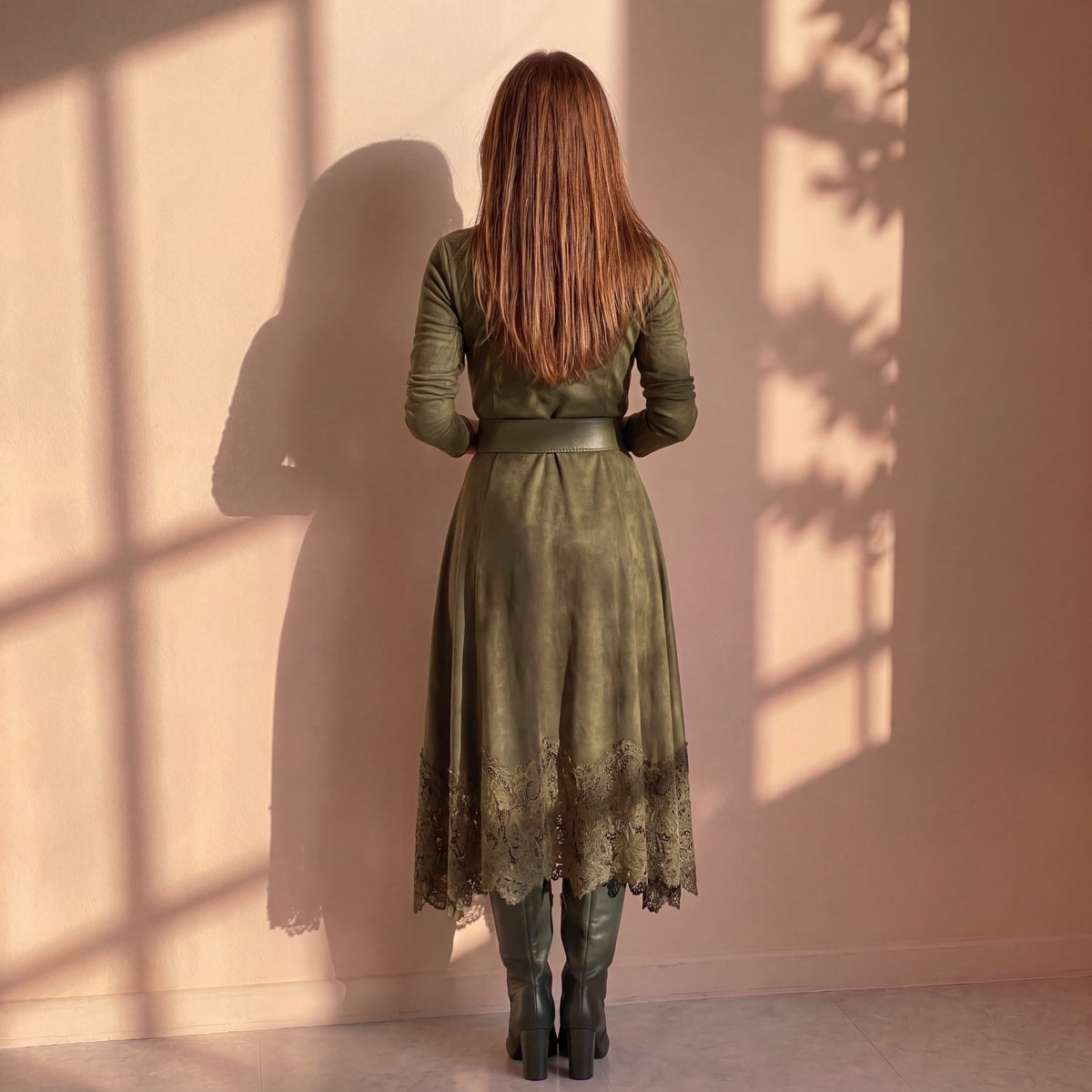 Vestido verde de cuello alto con cinturón y dobladillo de encaje, vista trasera.