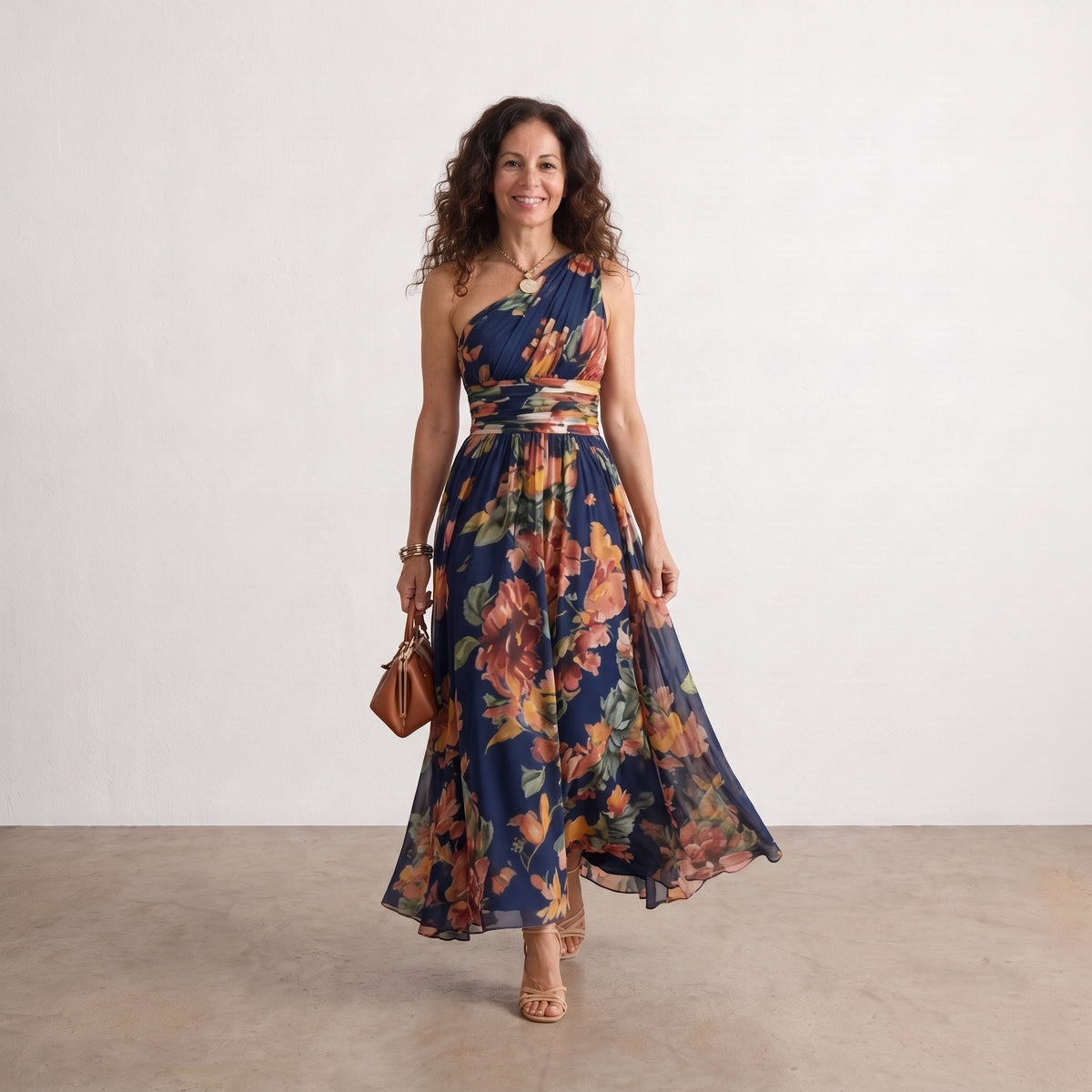 Vestido largo estampado asimétrico con escote lateral, tirante único, base azul.