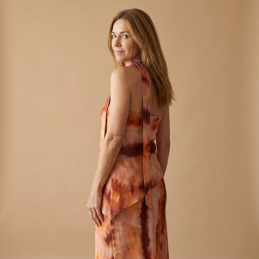 Vestido satinado sin mangas con cuello halter, estampado tie-dye naranja y marrón