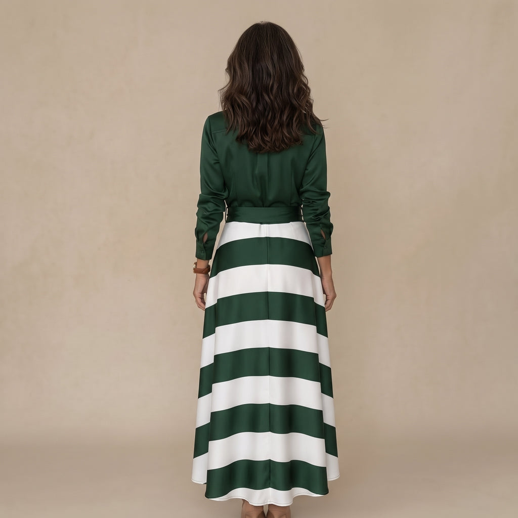 Vestido camisero verde y blanco de rayas con cinturón y manga larga