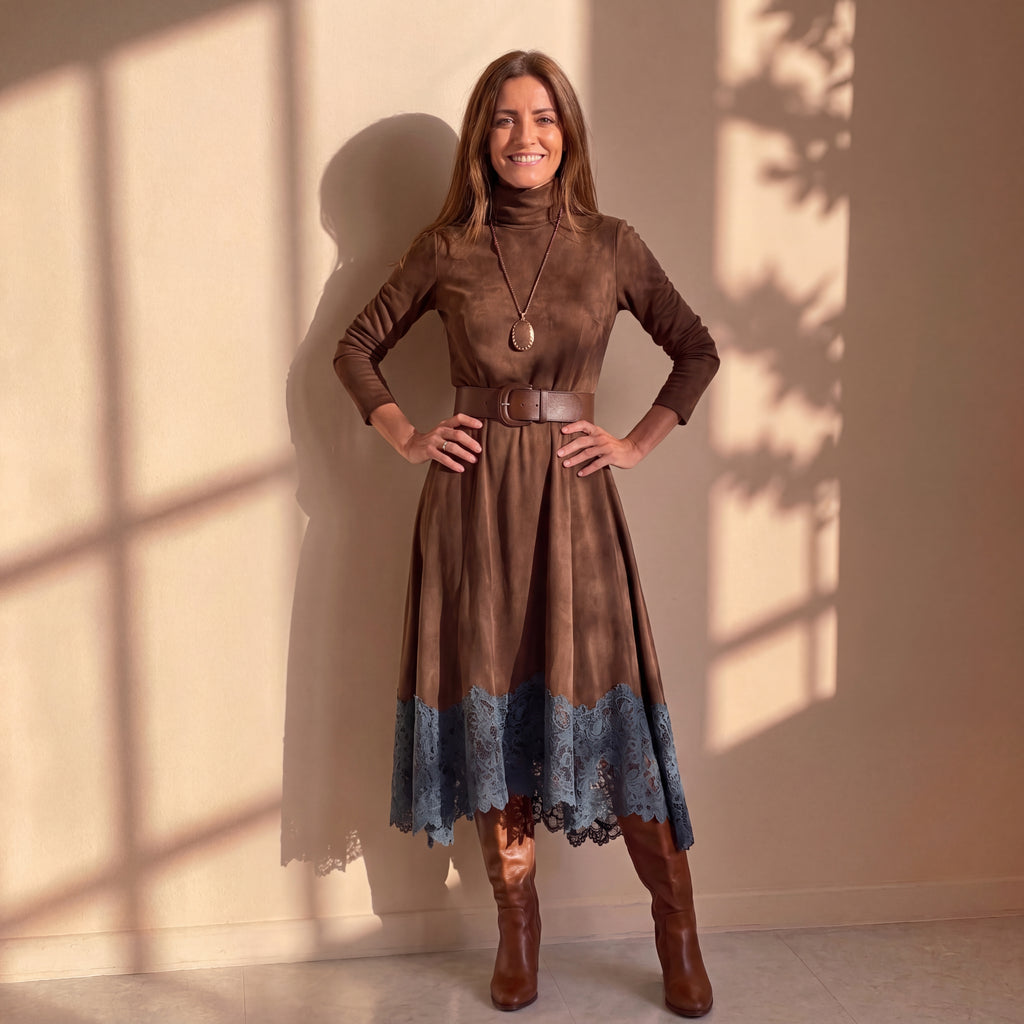 Vestido marrón oscuro de cuello alto con cinturón y bajo con encaje azul, frontal.