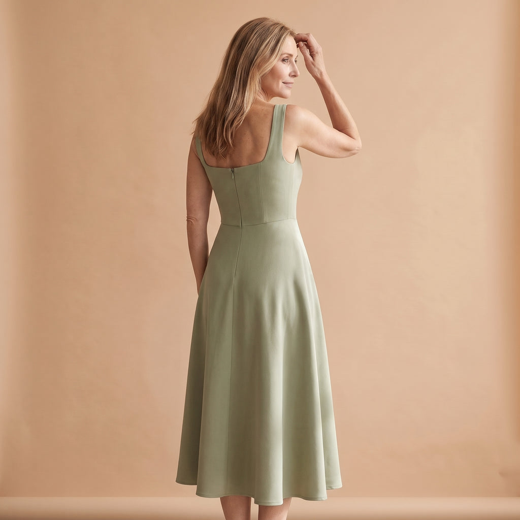 Vestido midi verde con tirantes cuadrados y falda acampanada