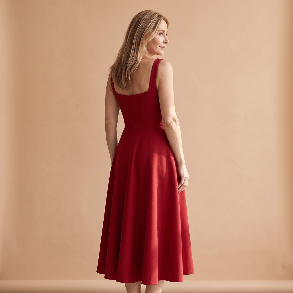 Vestido midi rojo con tirantes cuadrados y falda acampanada
