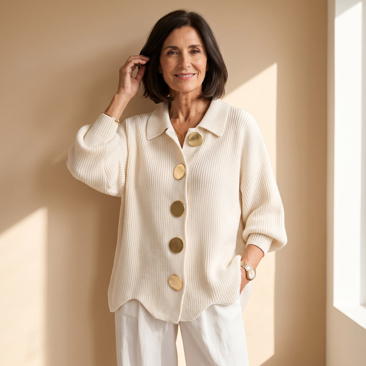 Cárdigan oversize beige de punto acanalado con botones dorados y cuello solapa