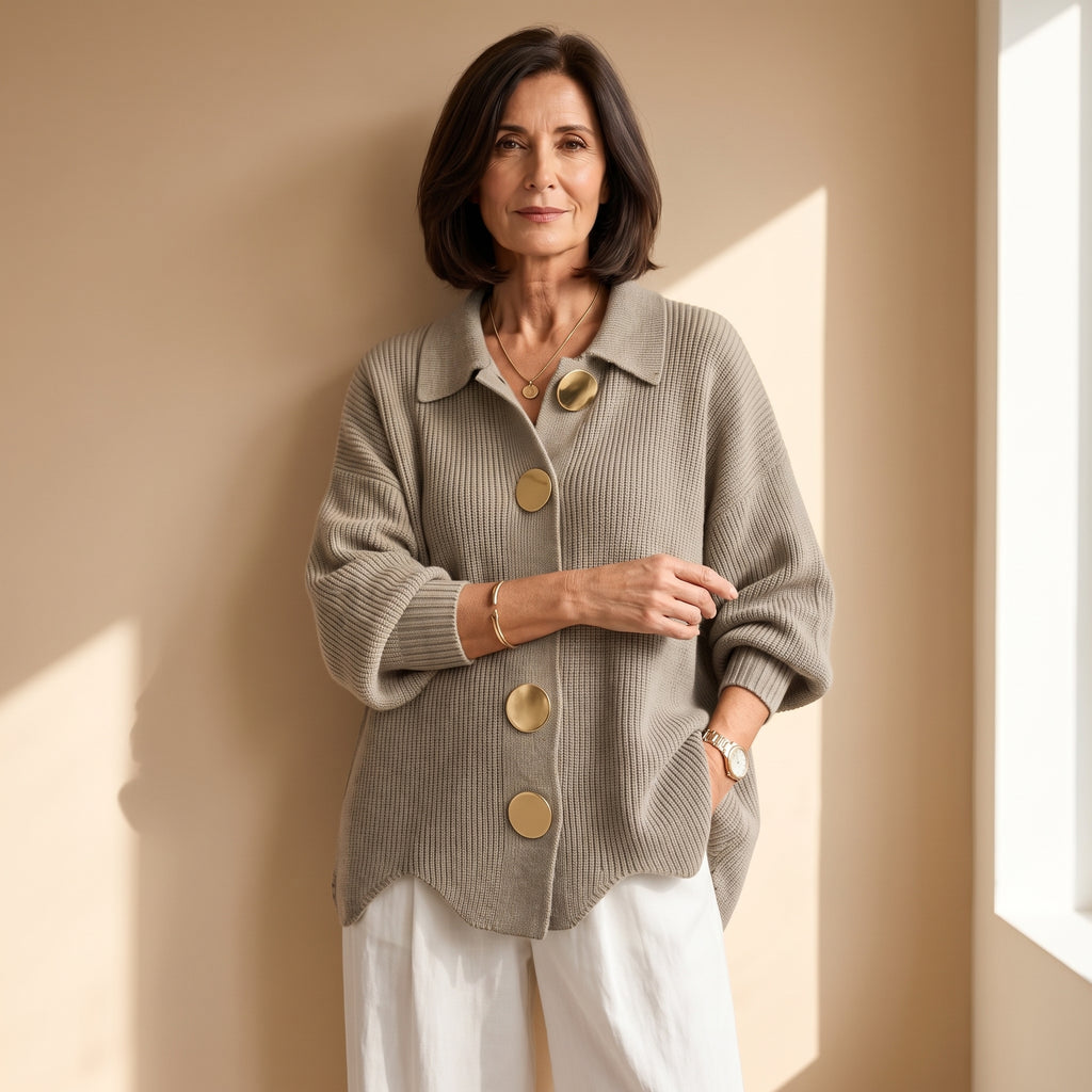 Cárdigan oversize beige claro de punto acanalado con botones dorados y cuello solapa