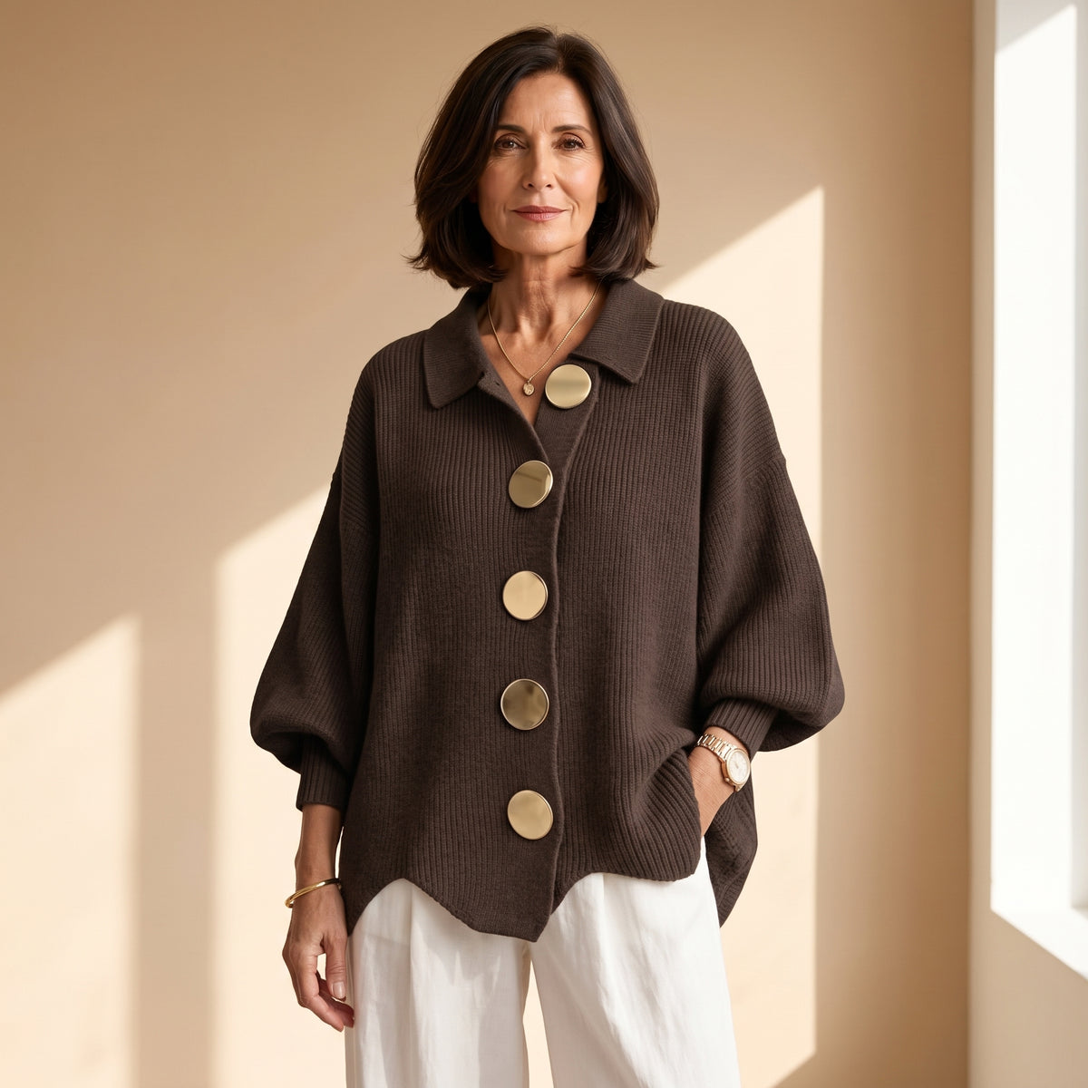 Cárdigan oversize marrón oscuro de punto acanalado con botones dorados y cuello solapa