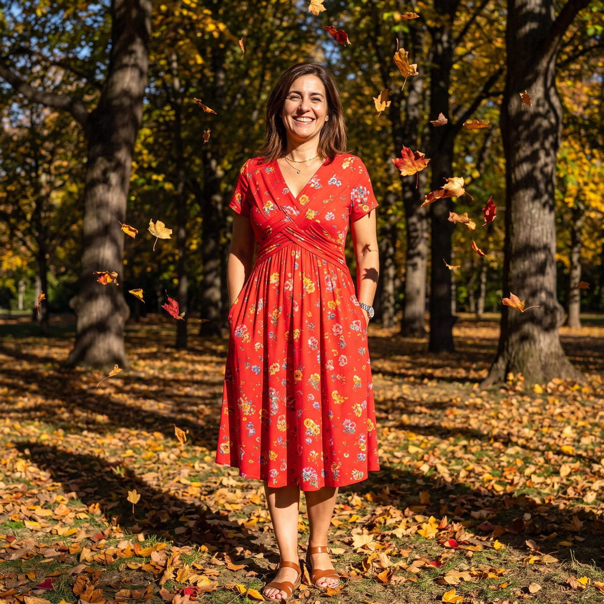 Vestido Valeria rojo con escote en V, drapeado cruzado y bolsillos