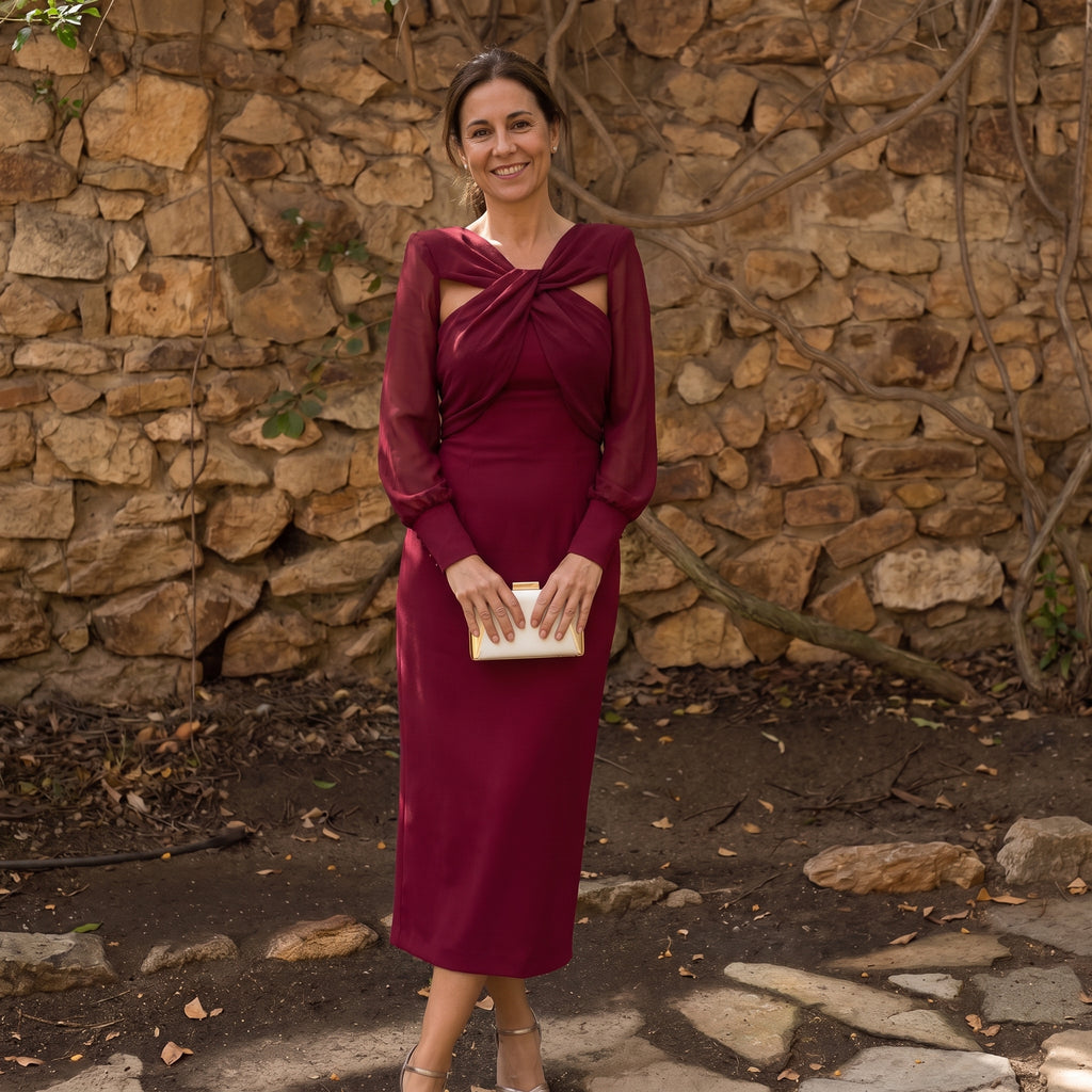 Vestido Carla granate midi con moño en el escote y mangas largas abullonadas