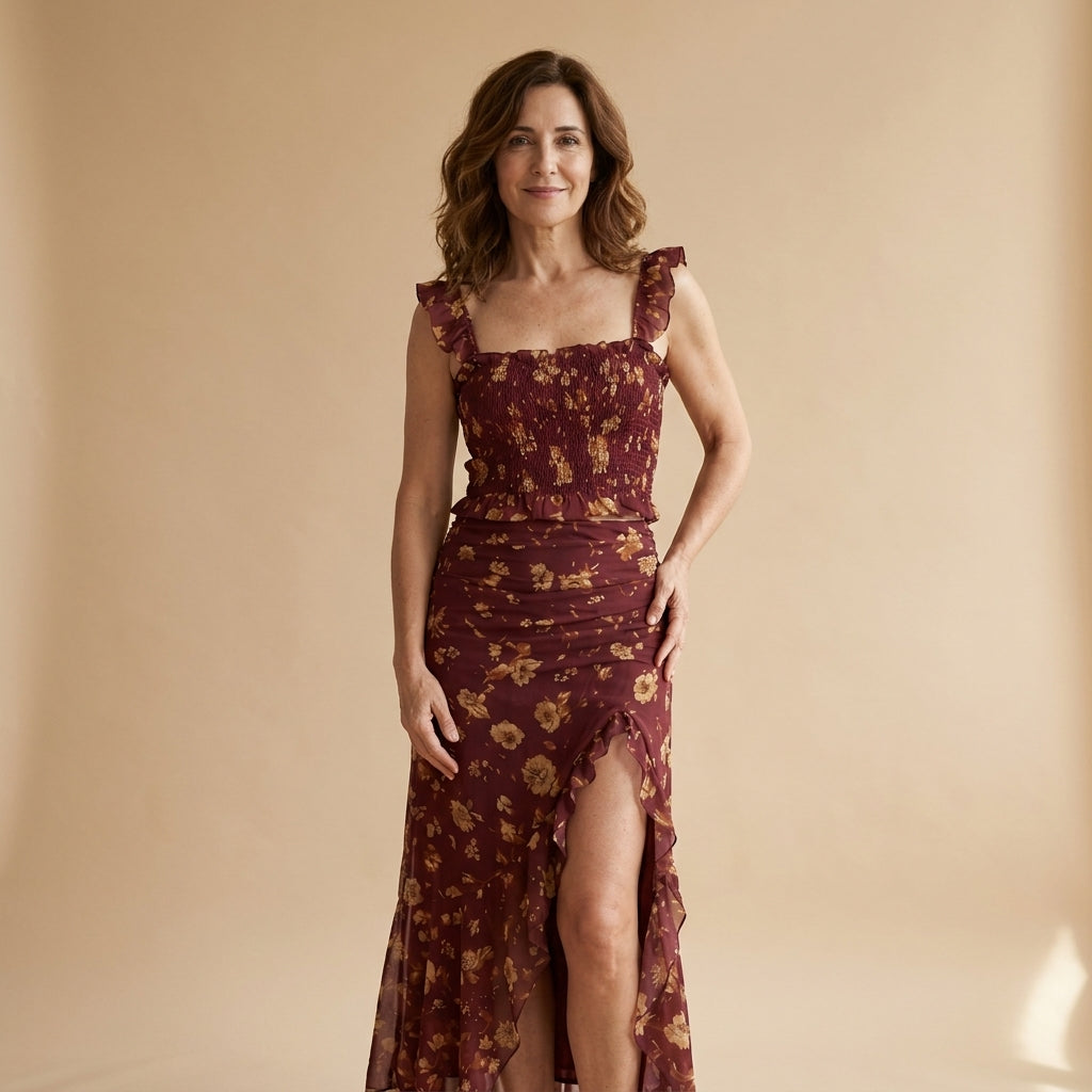 Vestido largo burdeos con falda asimétrica y abertura frontal, tirantes con volantes