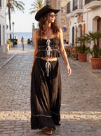 Conjunto de vestido largo negro con volantes y cordones, tirantes ajustables
