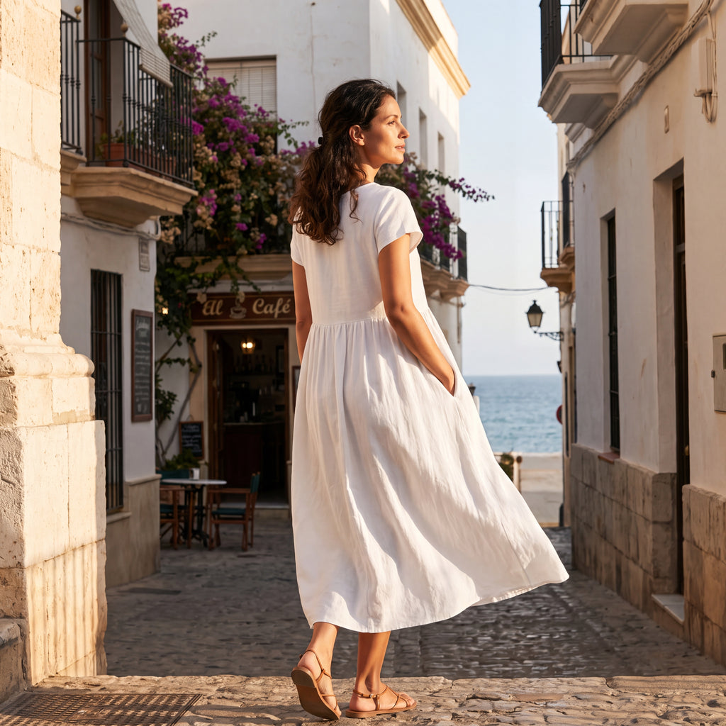 Vestido midi blanco con mangas cortas y falda amplia plisada