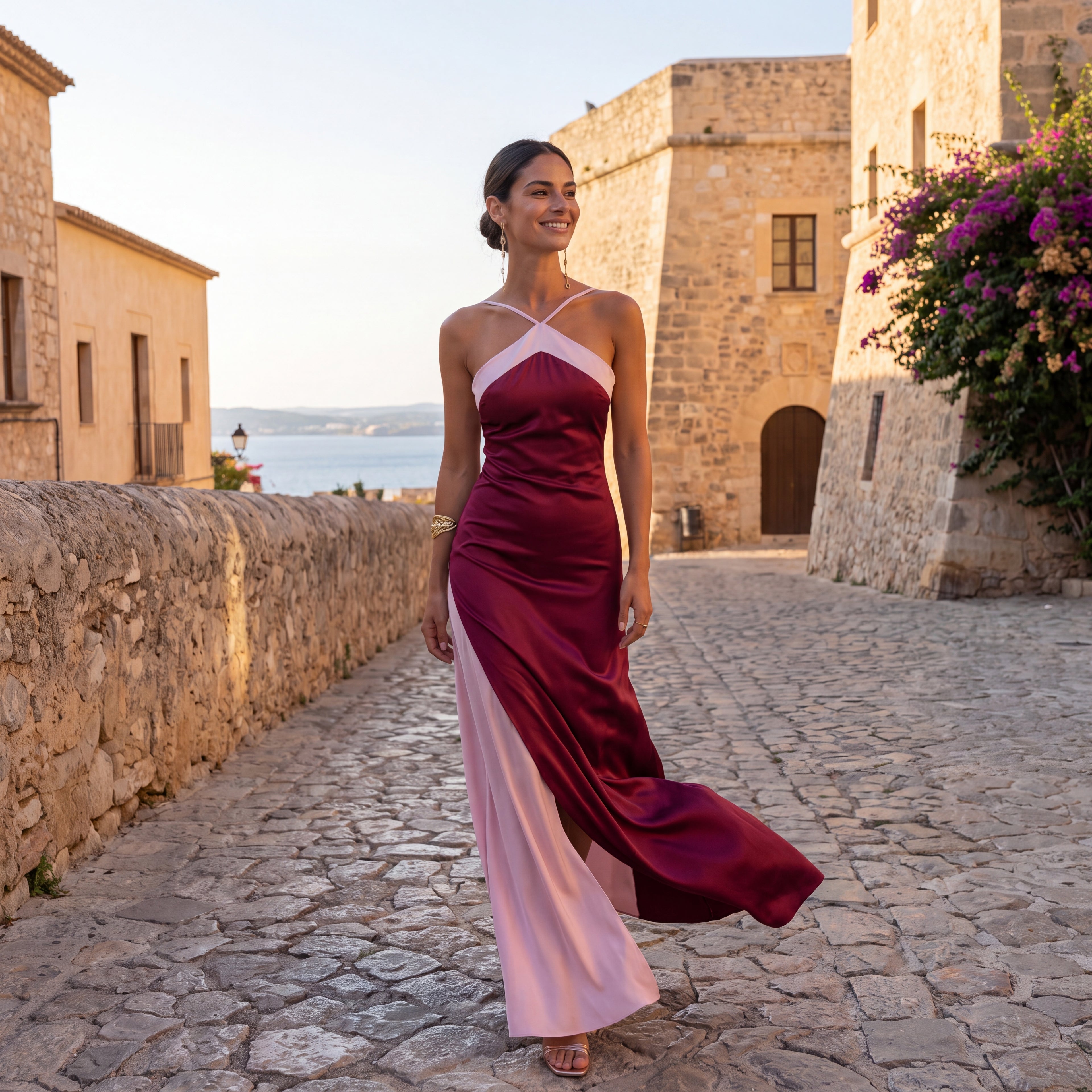 Vestido largo de satén burdeos con abertura amplia y contraste rosa claro