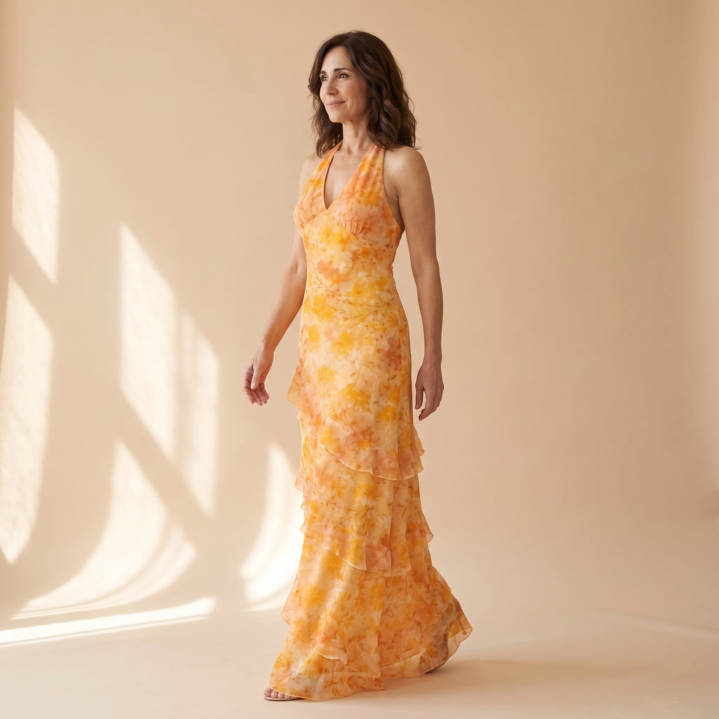 Vestido largo naranja con estampado floral, escote en V y falda por capas