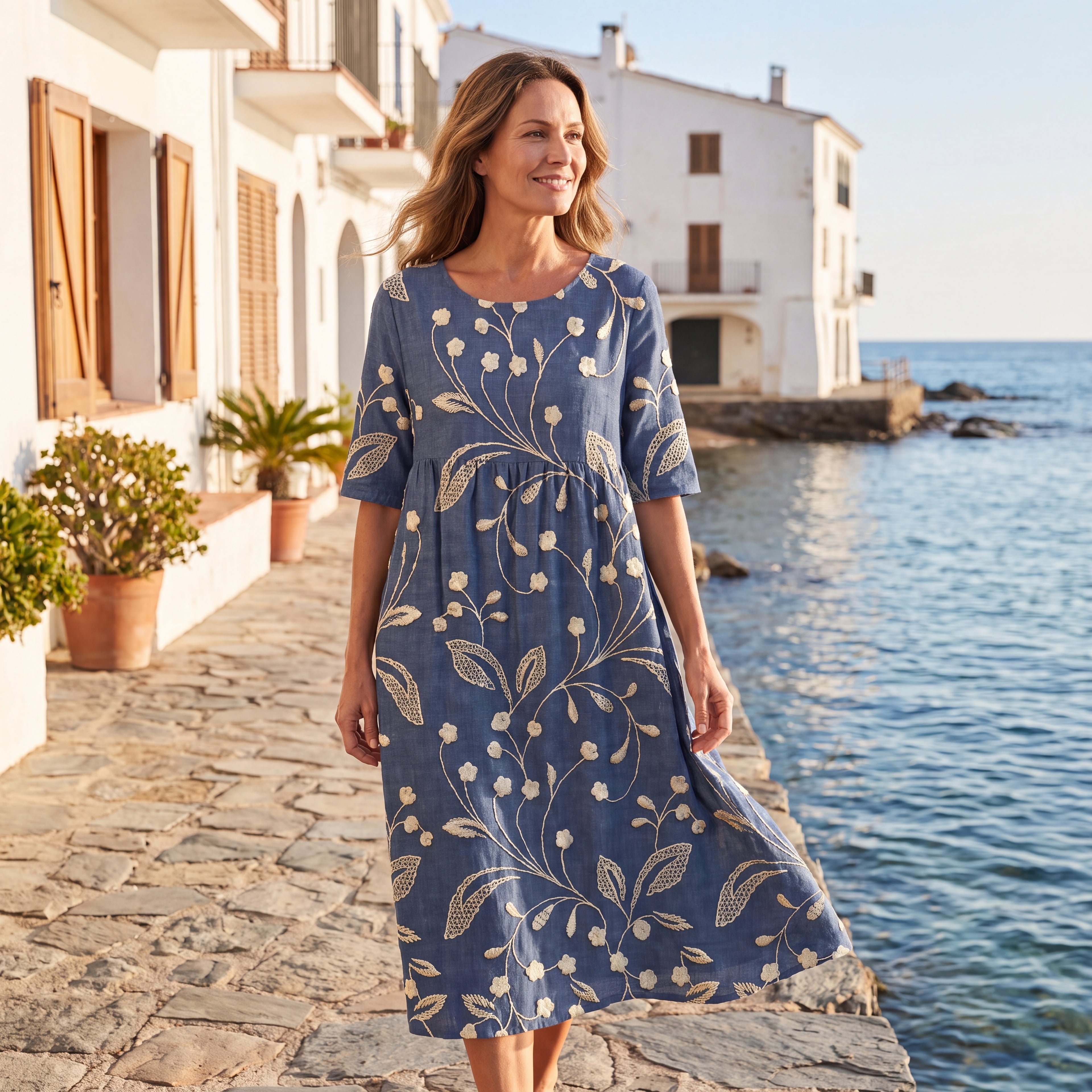 Vestido midi azul marino con estampado floral de hojas, manga corta y falda acampanada