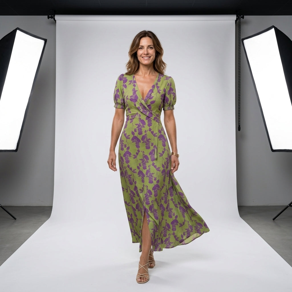 Vestido midi verde lima con estampado morado; escote cruzado en V y abertura inferior.