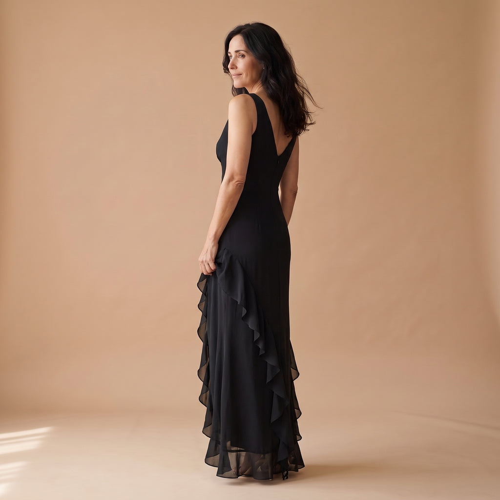 Vestido largo negro sin mangas con escote en V y volantes en la falda