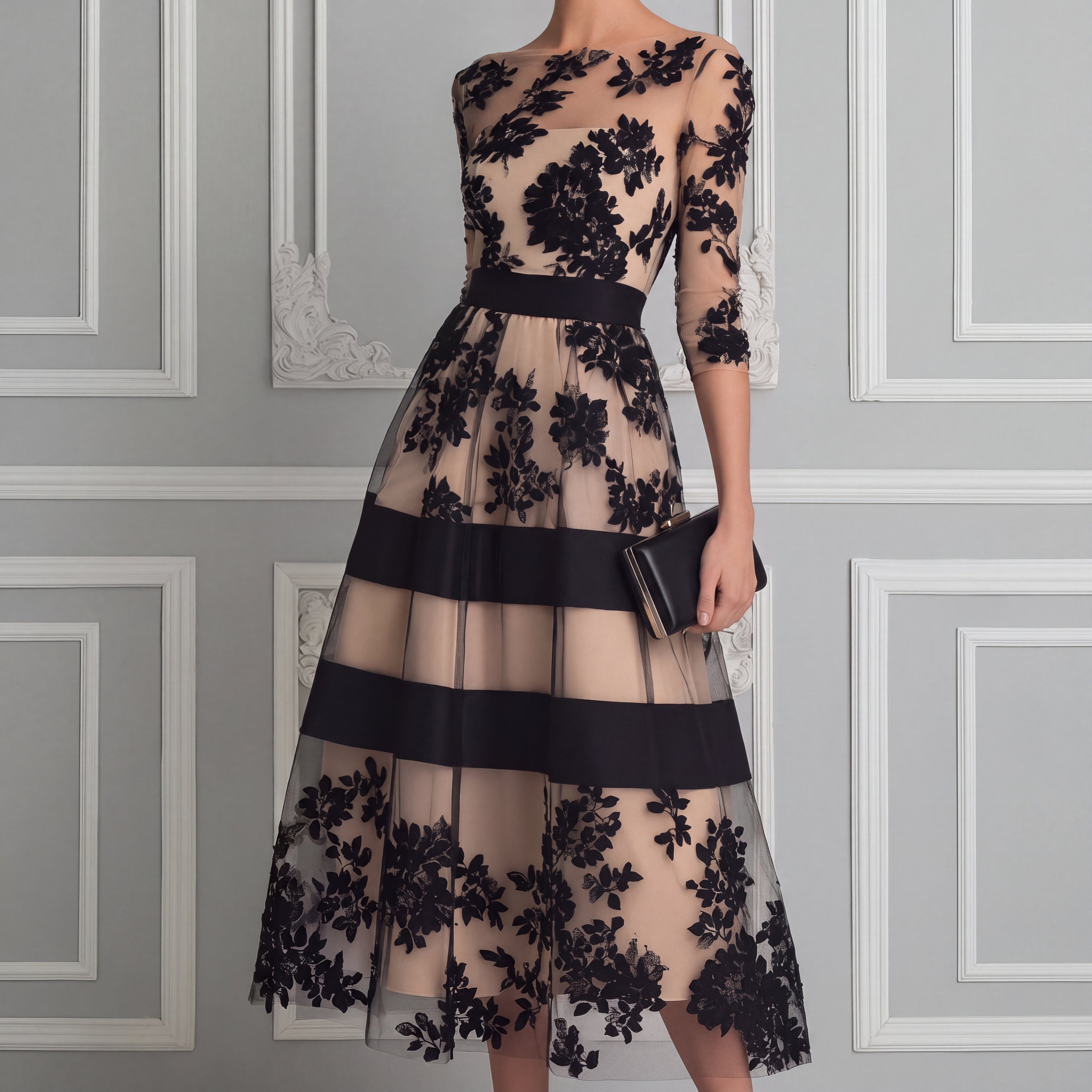 Vestido Midi Elegante en Guipur Negro