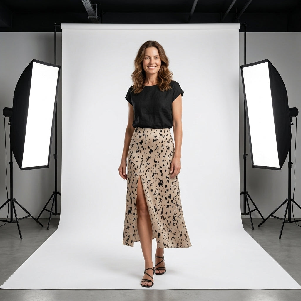 Falda midi animal print beige con manchas negras, en modelo de frente