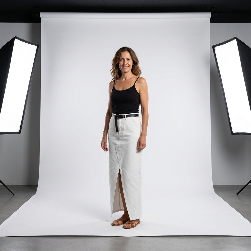 Falda maxi blanca con abertura frontal y costuras visibles en el frente