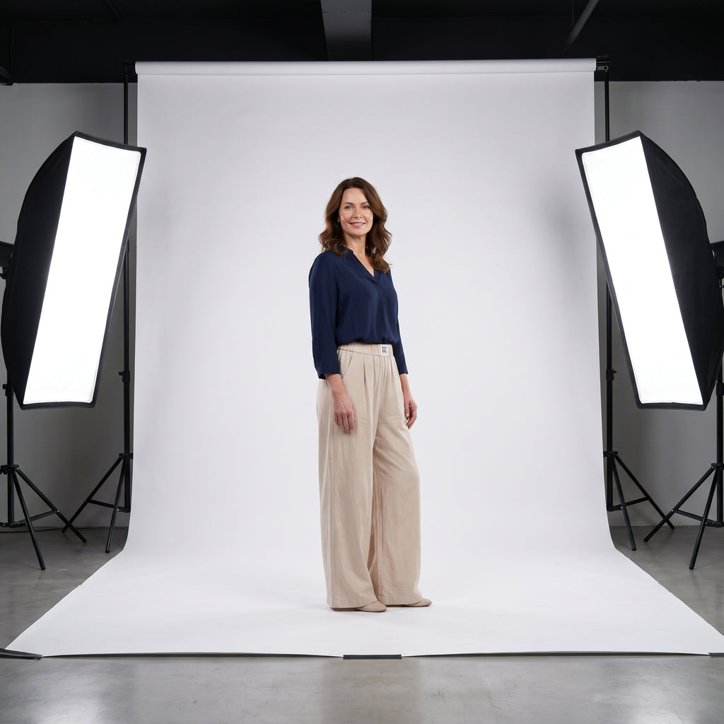 Pantalón relajado beige de lino y algodón, cintura elástica y pierna ancha