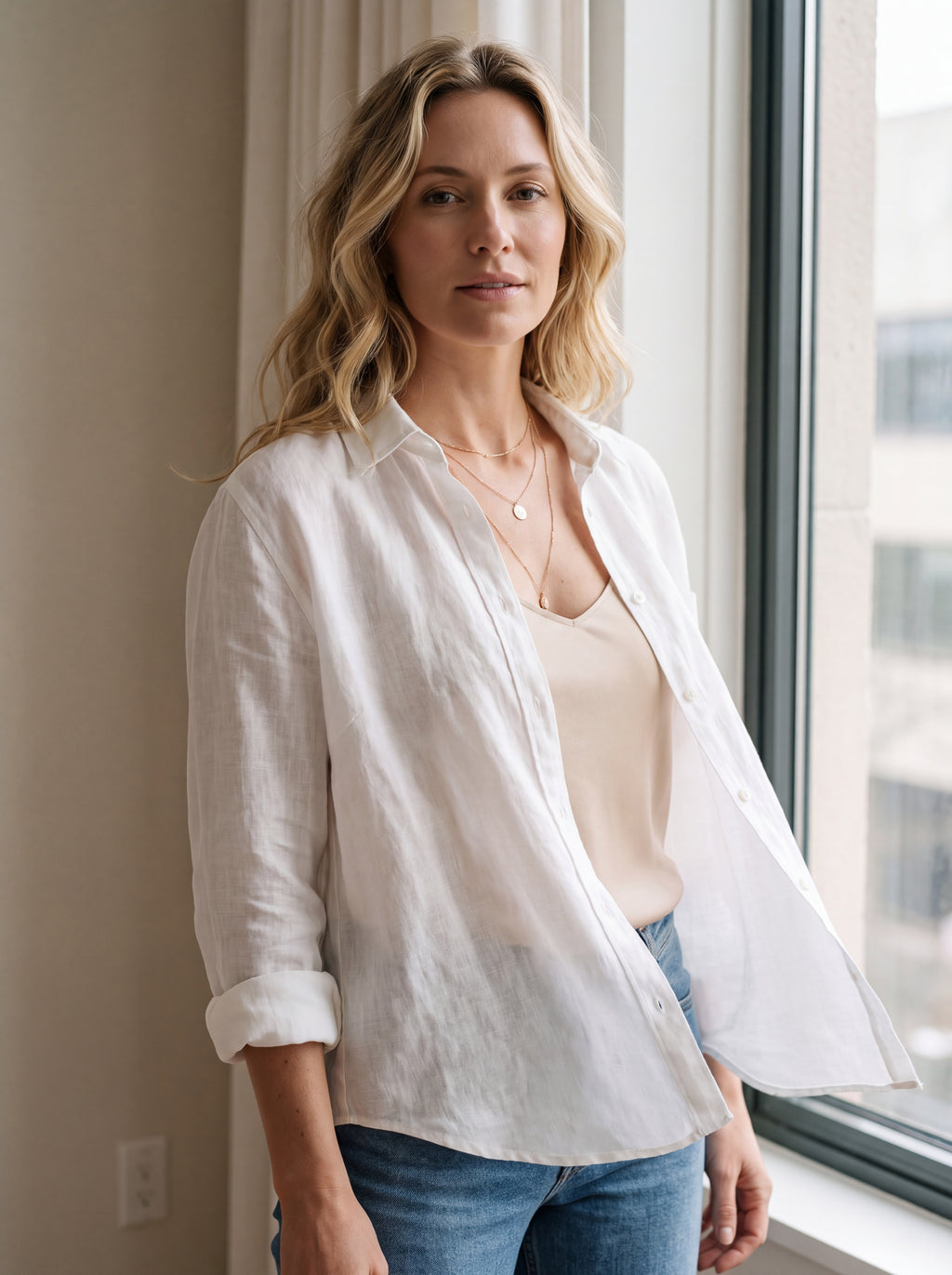 Sobrecamisa de lino blanca con botones frontales y cuello camisero