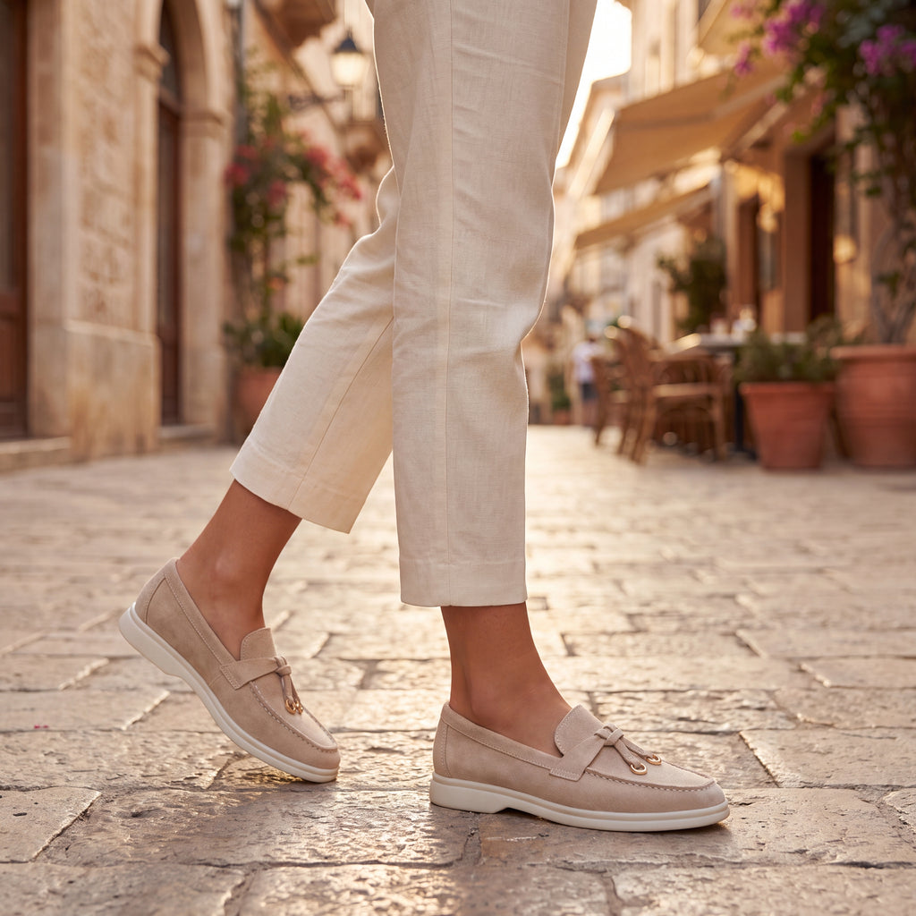 Mocasines Bianca beige con lazo metálico y suela ligera, estilo mocasín.