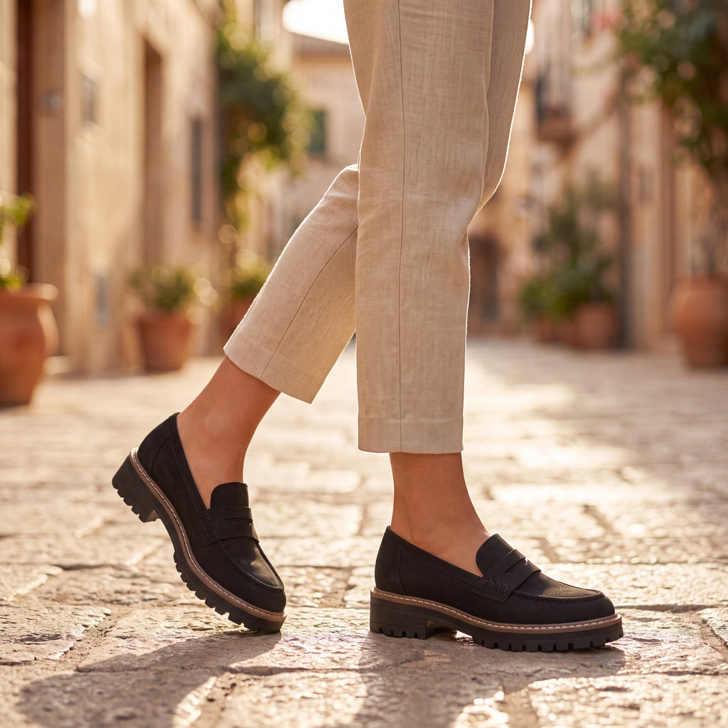 Mocasines Soft negros con suela dentada y costuras beige, estilo mocasín