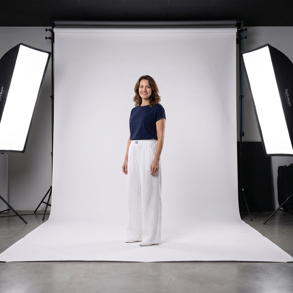 Pantalón relajado de lino y algodón blanco, cintura elástica y pernera ancha