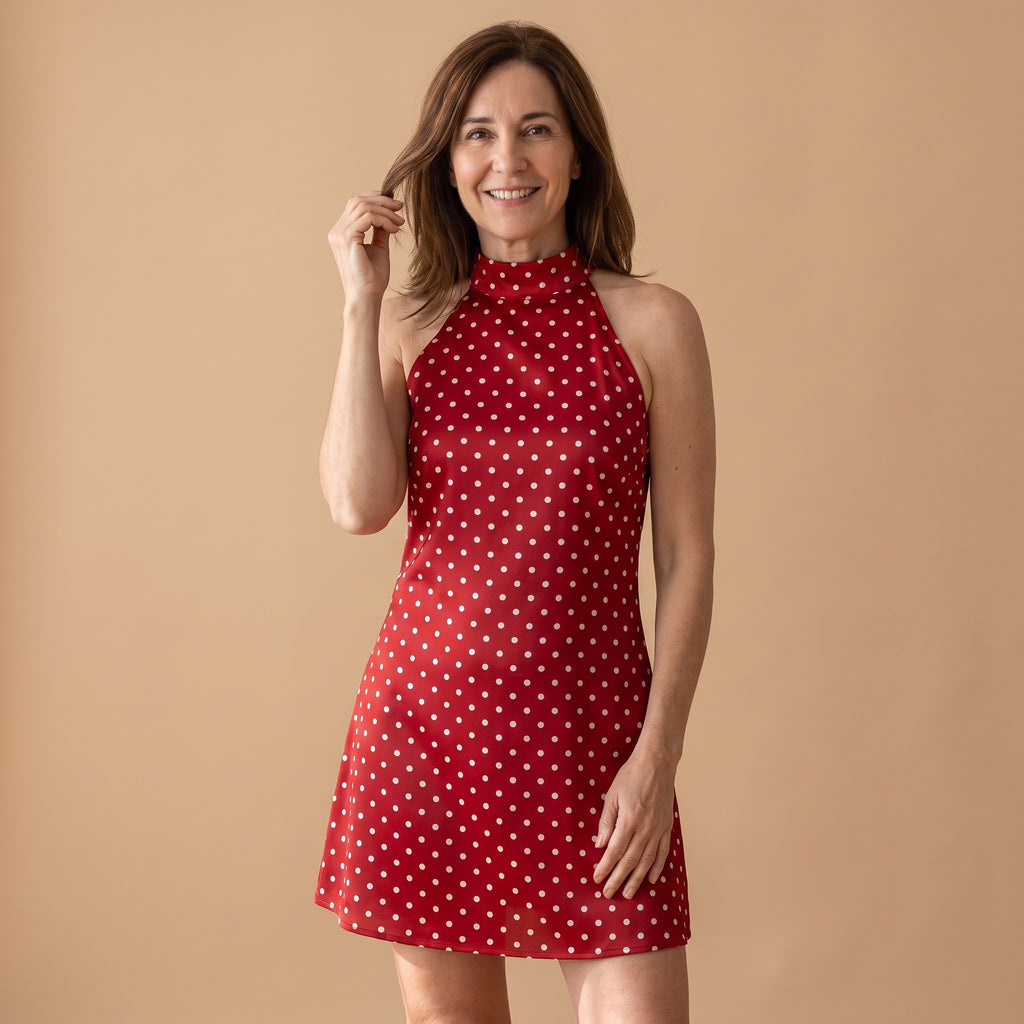 Vestido tipo capri sin mangas de lunares blancos sobre rojo, con cuello alto