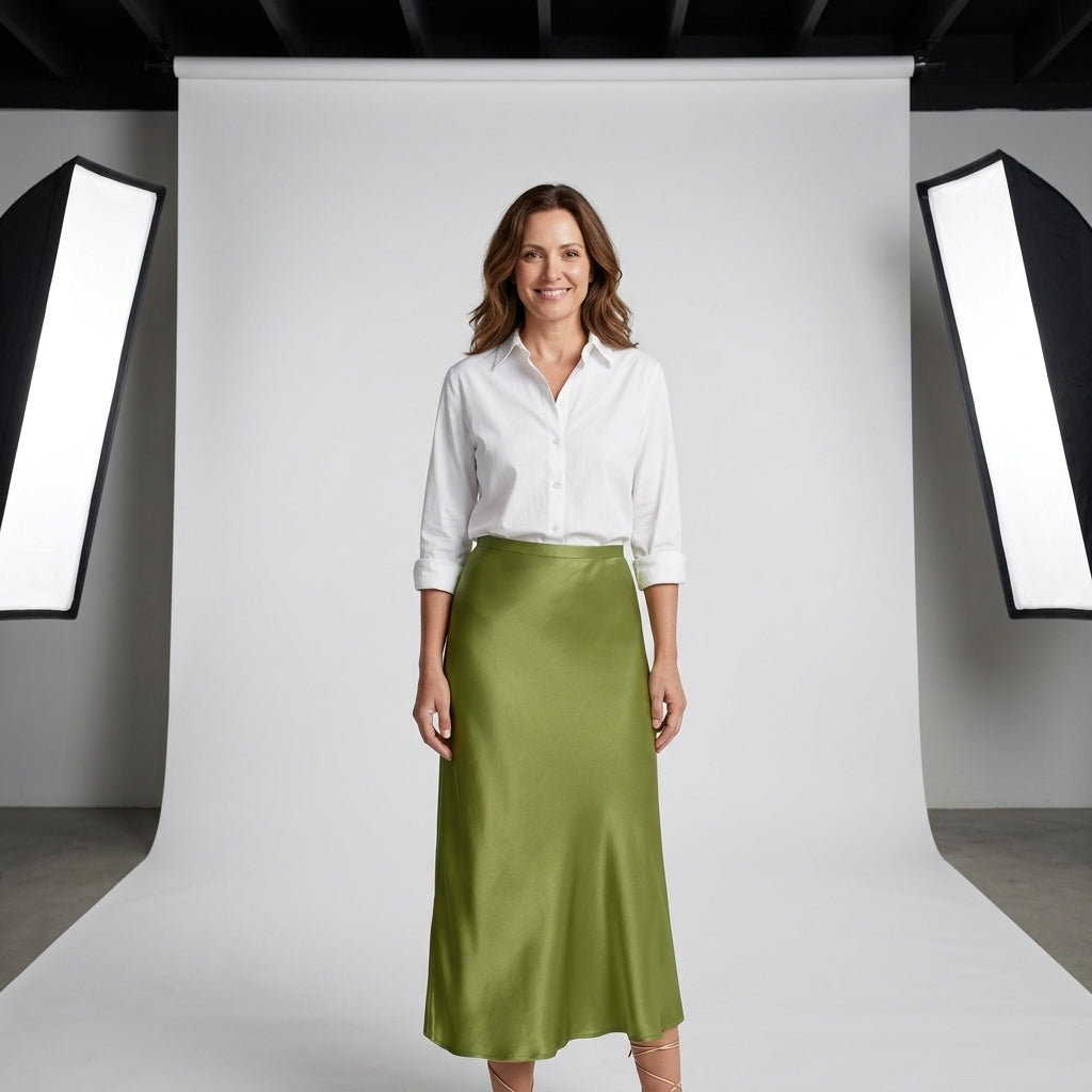 Falda midi satinada color verde, tiro medio y caída recta con brillo suave