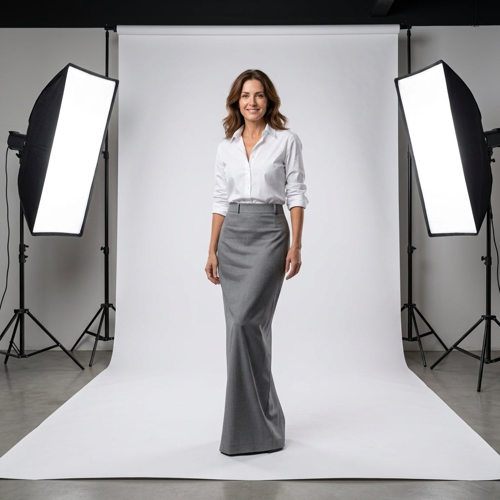 Falda maxi gris con cinturilla y corte sirena, dobladillo acampanado
