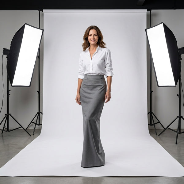 Falda maxi gris con cinturilla y corte sirena, dobladillo acampanado