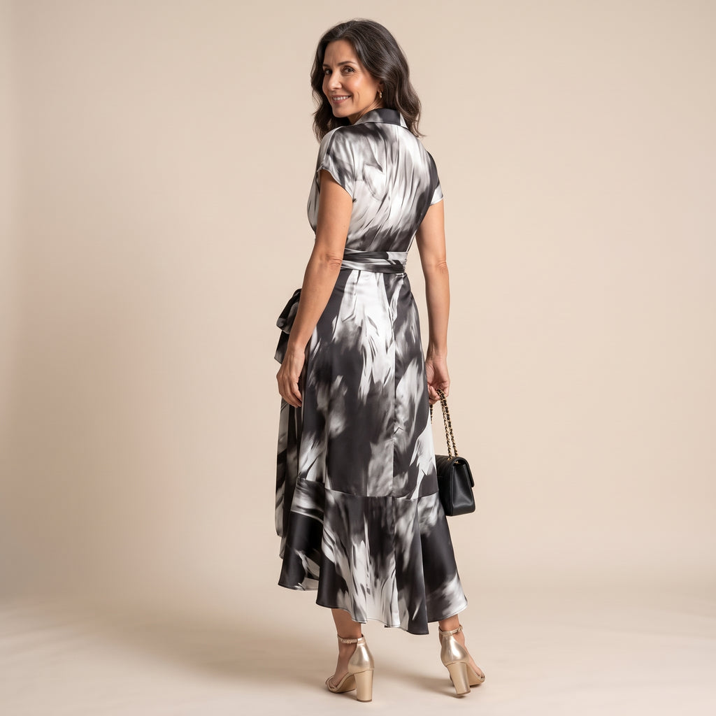 Vestido maxi envolvente blanco y negro, escote cruzado, manga corta y cinturón nudo