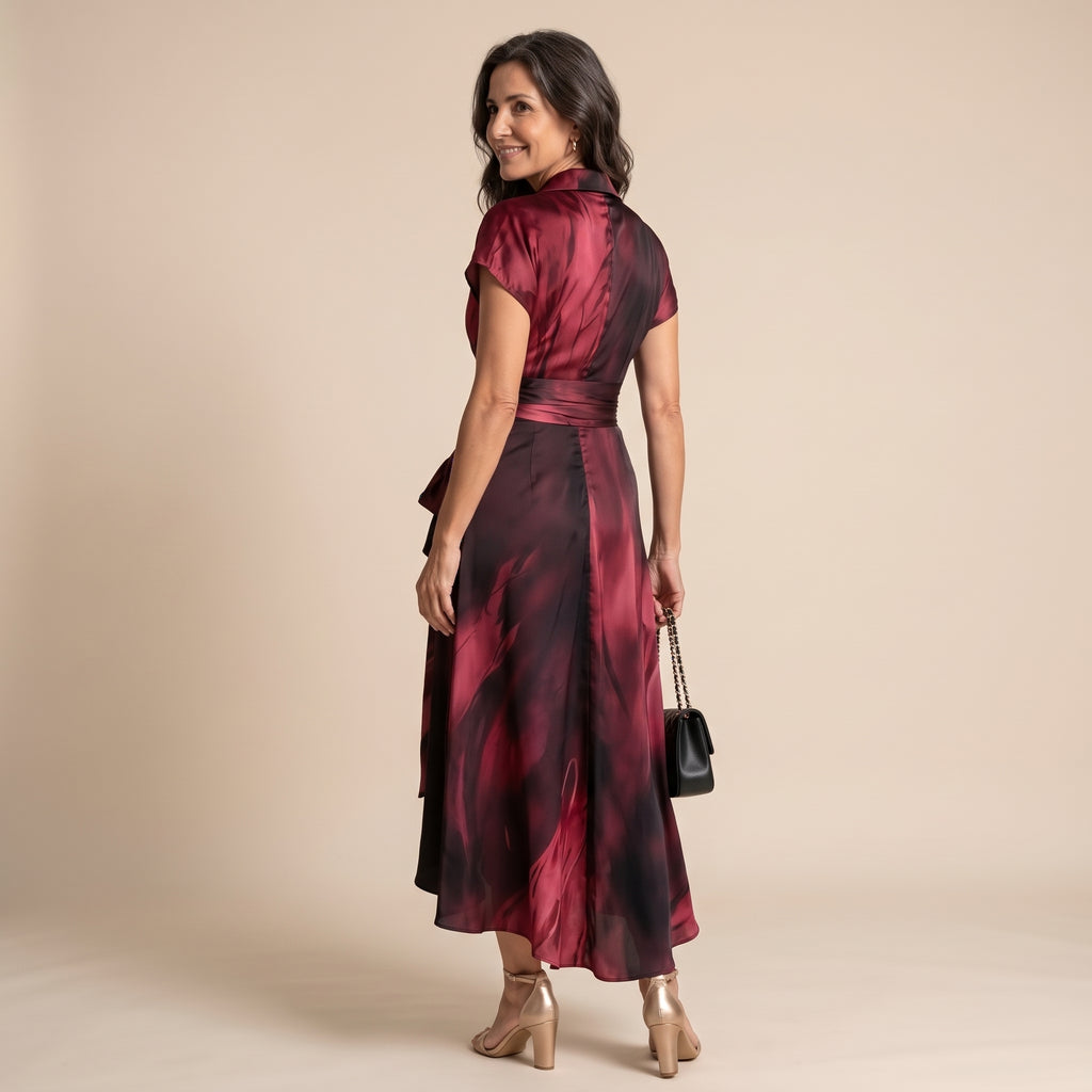 Vestido maxi envolvente granate con estampado, manga corta y nudo en la cintura