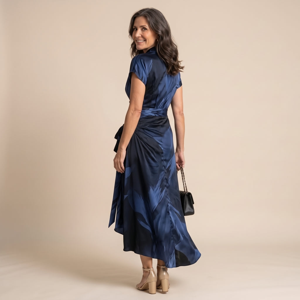 Vestido maxi envolvente azul oscuro con estampado, escote cruzado y nudo en la cintura