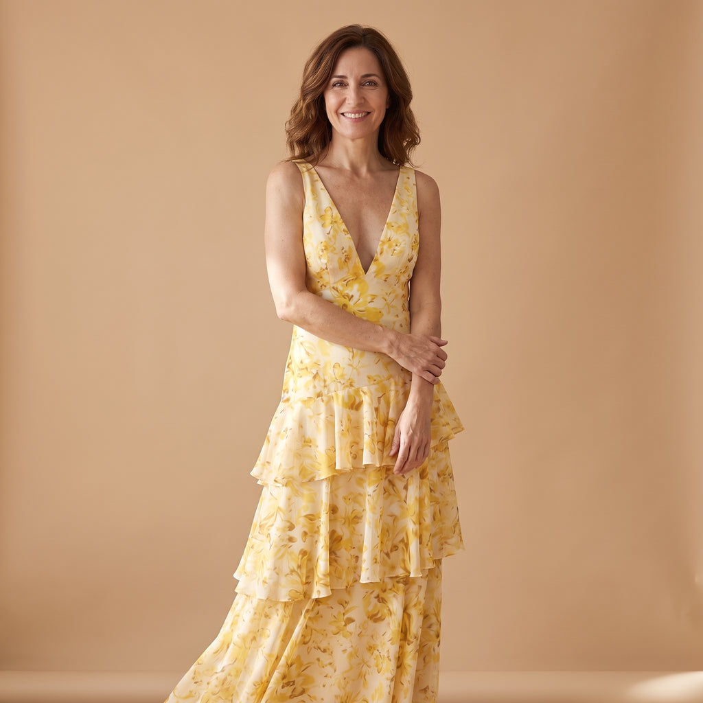 Vestido sin mangas amarillo con escote en V y volantes escalonados