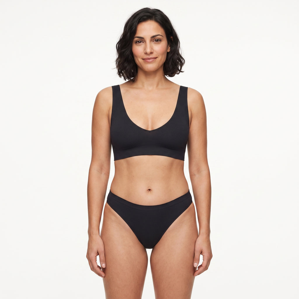 Conjunto de sujetador y 2 tangas sin costuras, negro, sujetador de tirantes finos