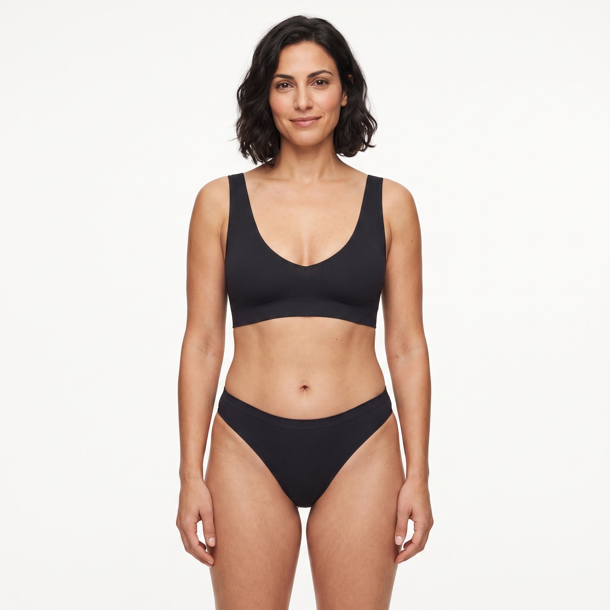 Conjunto de sujetador y 2 tangas sin costuras, negro, sujetador de tirantes finos