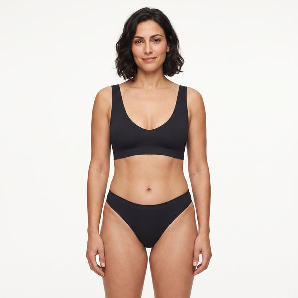 Conjunto de sujetador y 2 tangas sin costuras, negro, sujetador de tirantes finos