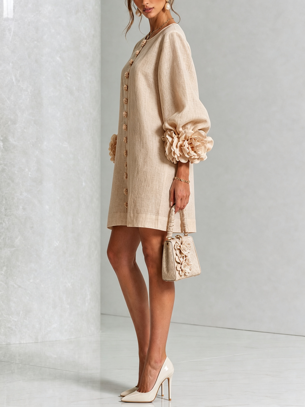 Vestido corto beige con botones florales y mangas con flores voluminosas 3D.