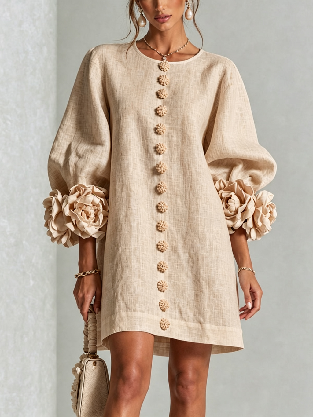 Vestido corto beige con botones florales y mangas con flores grandes en 3D.