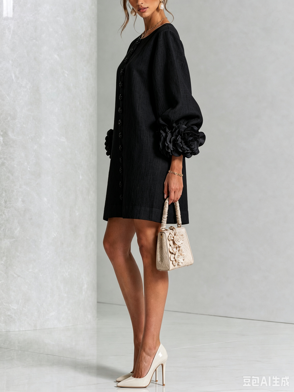 Minivestido negro con botones decorativos, mangas florales y puños abullonados.